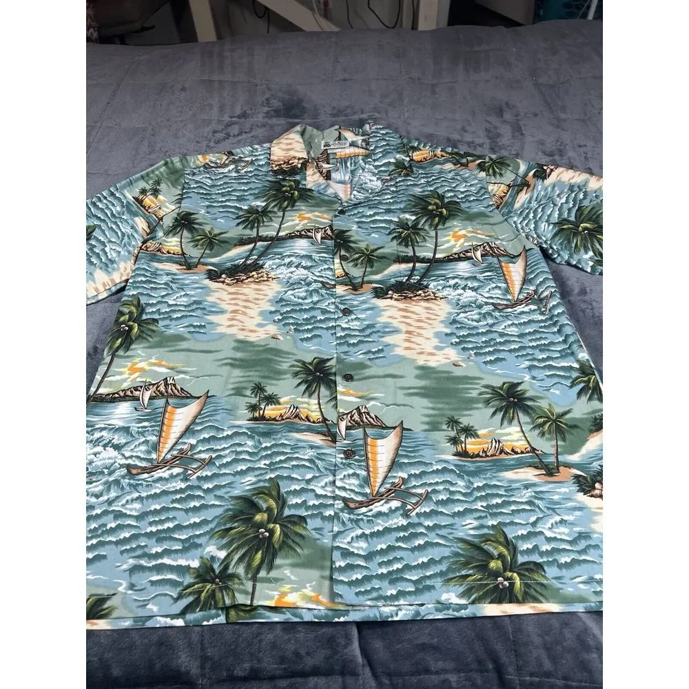 Aloha Republic Shirt Men's Green Boat Short Sleeve Collared‎ Button Down Size XL
